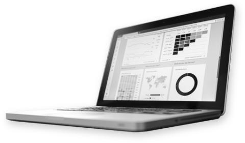 Laptop screen with revenue cycle consulting data including pie charts, line graphs, and continental heat maps